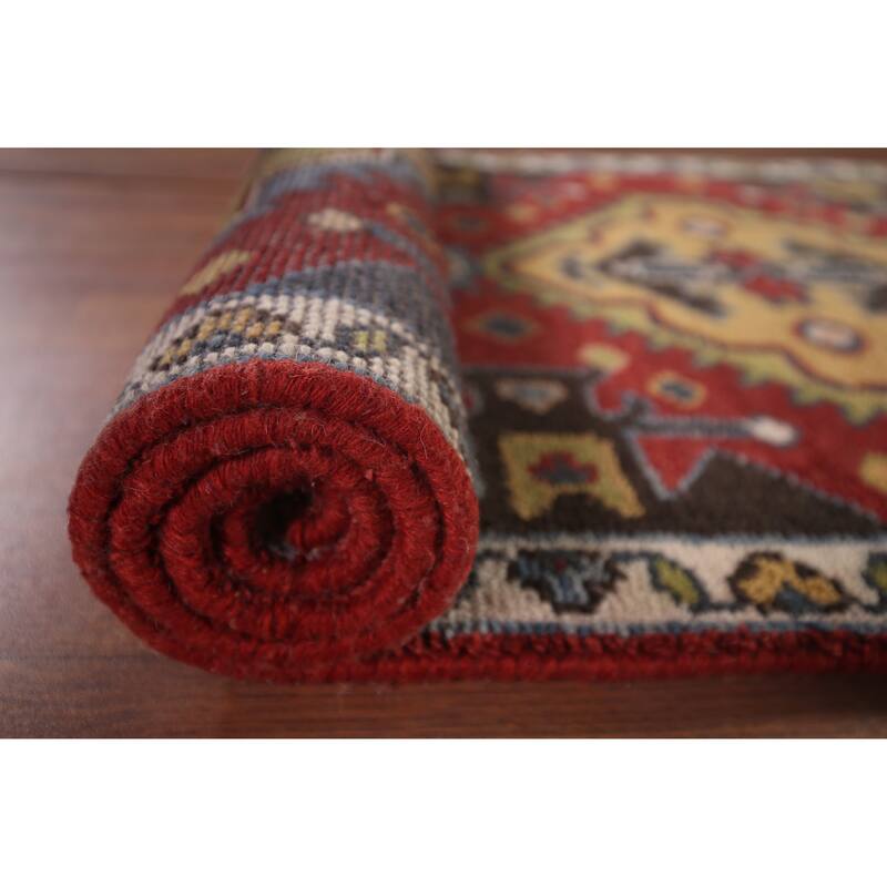 Red Geometric Kazak Oriental Runner Rug Hand-Knotted Wool Carpet - 2'7"x 8'1"