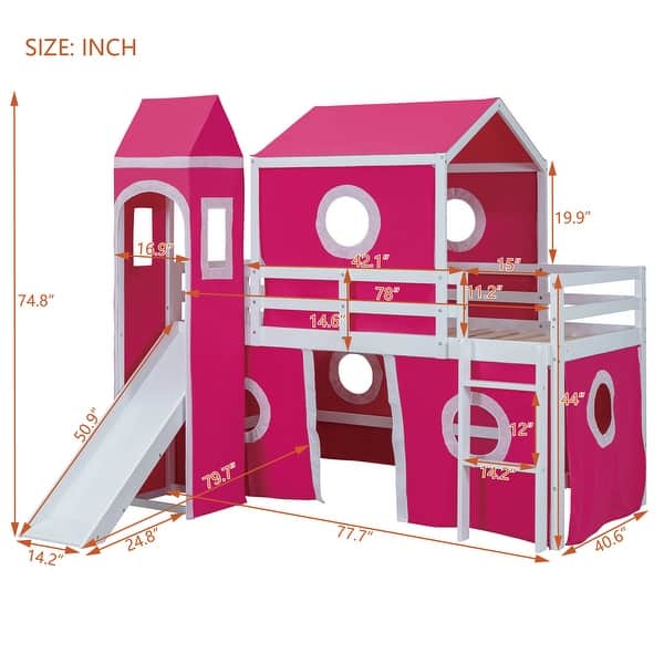 dimension image slide 3 of 4, House Low Loft Bed with Slide & Tent Solid Wood Kids Loft Bed Frame with Tower and Ladders for Kids Teens Boys & Girls