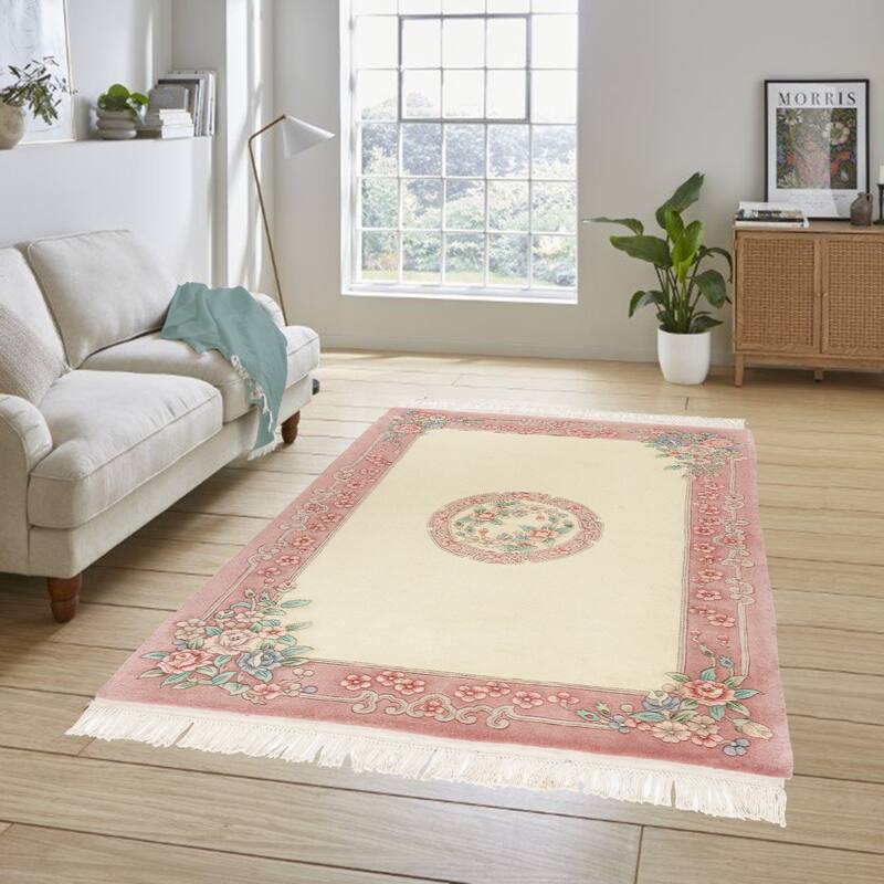 Gertmenian Oriental Estate Traditional Oriental Floral Border Metallion Hand Knot Wool Area Rug Collection - Rose Border Wreath - 4x6