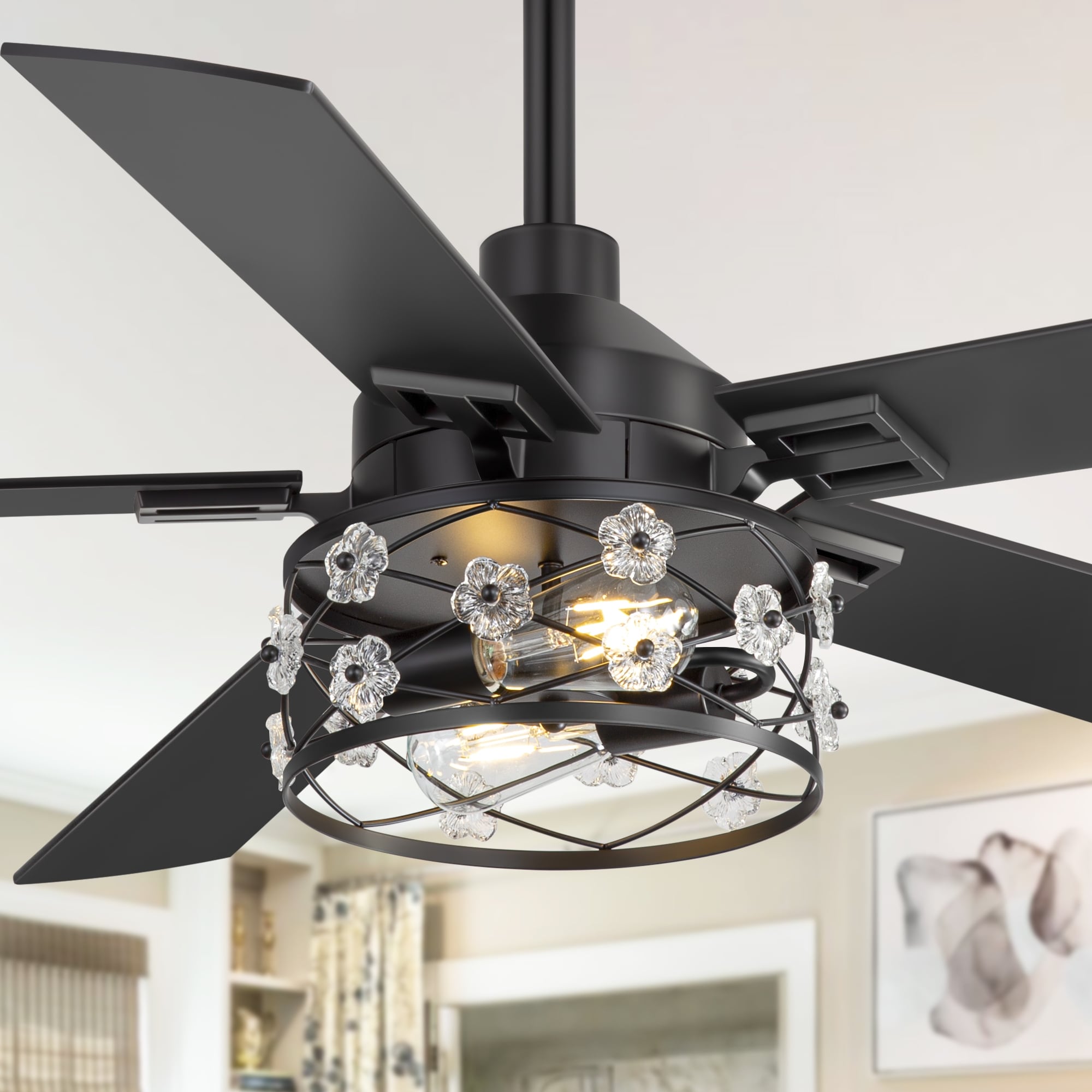 Airsurfer 52" Black Wood Modern Floral Indoor Ceiling Fan Chandelier with Remote