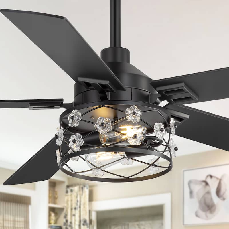 52" Black Wood Modern Floral Indoor Ceiling Fan Chandelier with Remote - Remote