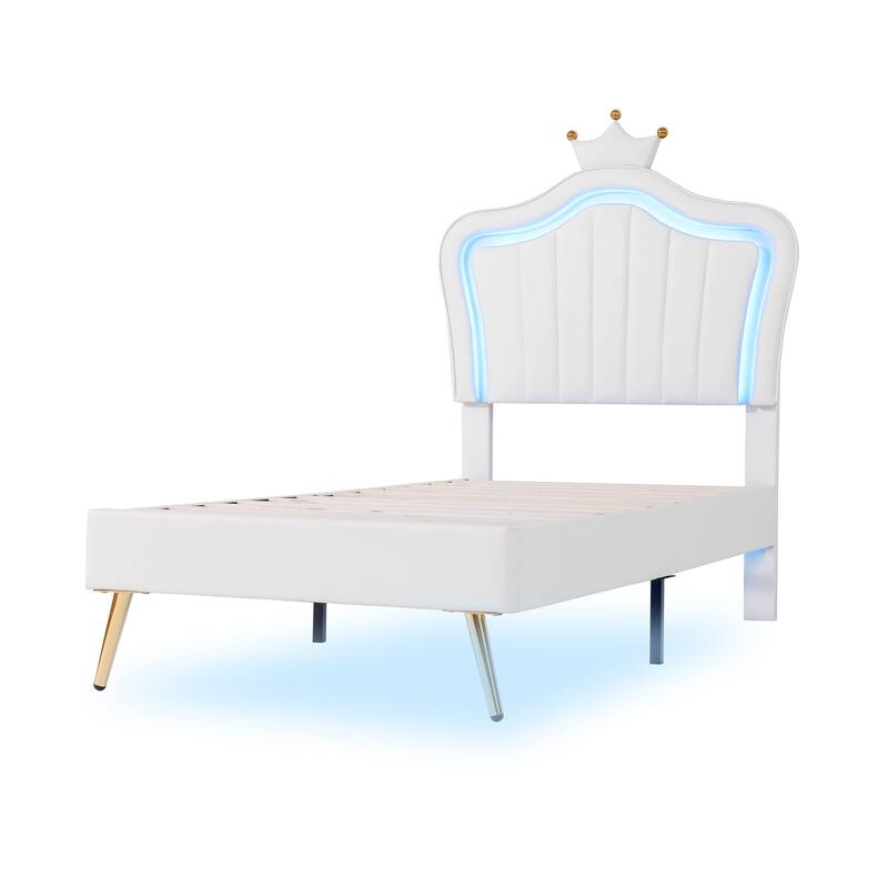 Twin Size LED Upholstered Bed Frame with Crown Headboard, White