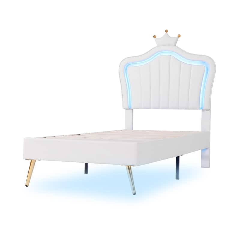 White Twin Upholstered Platform Bed with LED Crown Headboard - MDF, Plywood, PU, Metal, 600LBS Capacity