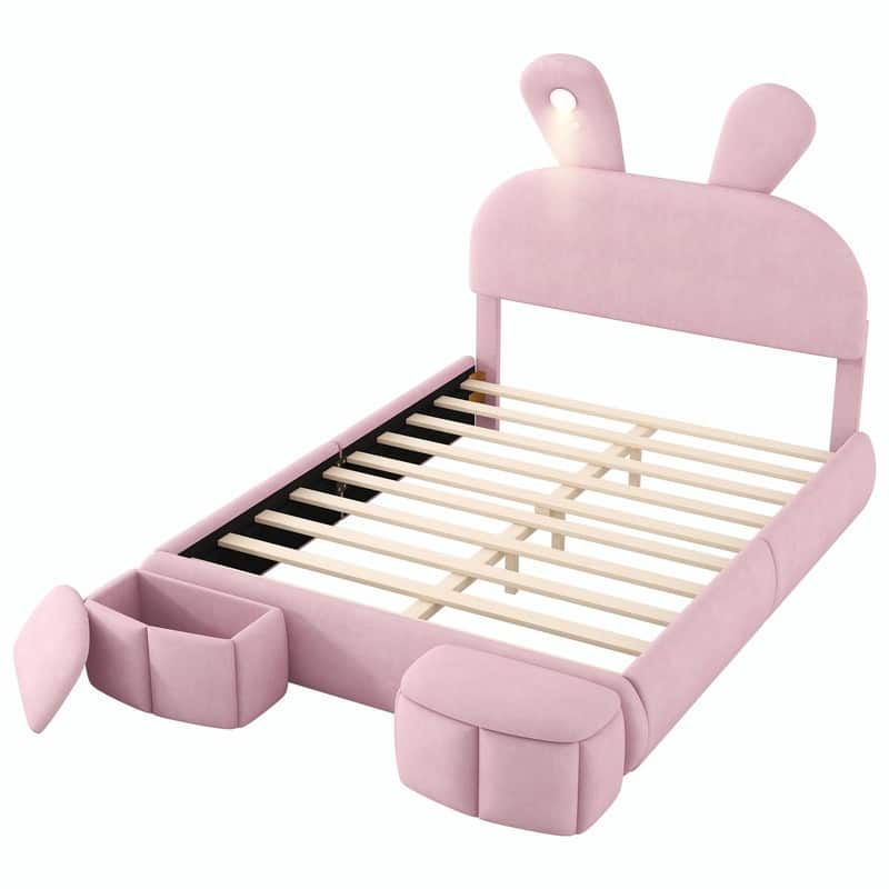 Full Size Upholstered Platform Bed with Cartoon Ears Headboard & Built-In Light