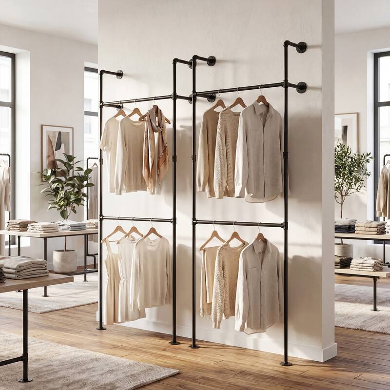 Gymax Industrial Pipe Clothing Rack Wall Mounted Heavy-Duty Metal