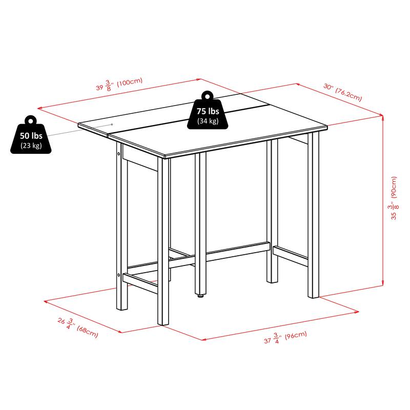 Space Saving 3 Pc Dining Table Set with Drop Leaf and Cushioned Bar Stools - 39.37 x 30 x 35.43 inches