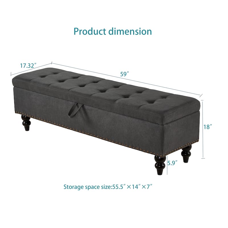 59" End of Bed Bench with Storage, Modern Linen Upholstered Entryway Ottoman Bench, Footrest Stool with Solid Wood Frame