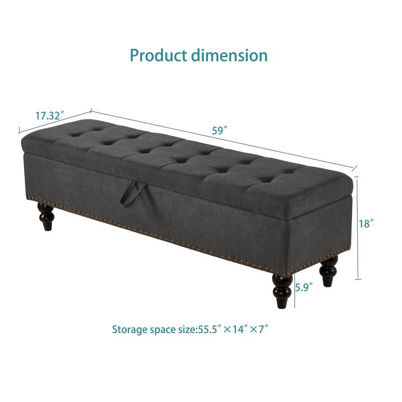 Footrest Bench with Button Tufting and Bronze Stud Accents, Hallway Bench, Upholstered Storage Bench with Solid Wood Legs