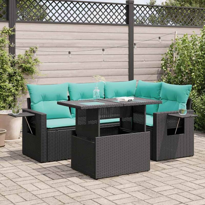 vidaXL Patio Sofa Set with Cushions Table and Couches 5 Piece Poly Rattan - Black with storage