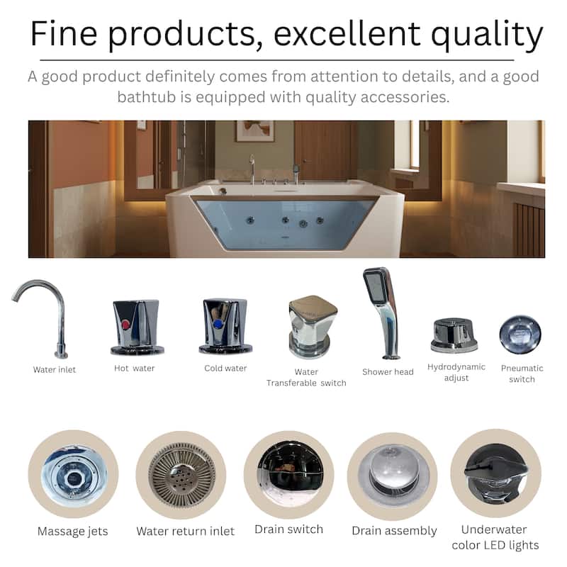 67" Whirlpool Bathtub, Hydrotherapy Jetted Bathtub with Glass Panel