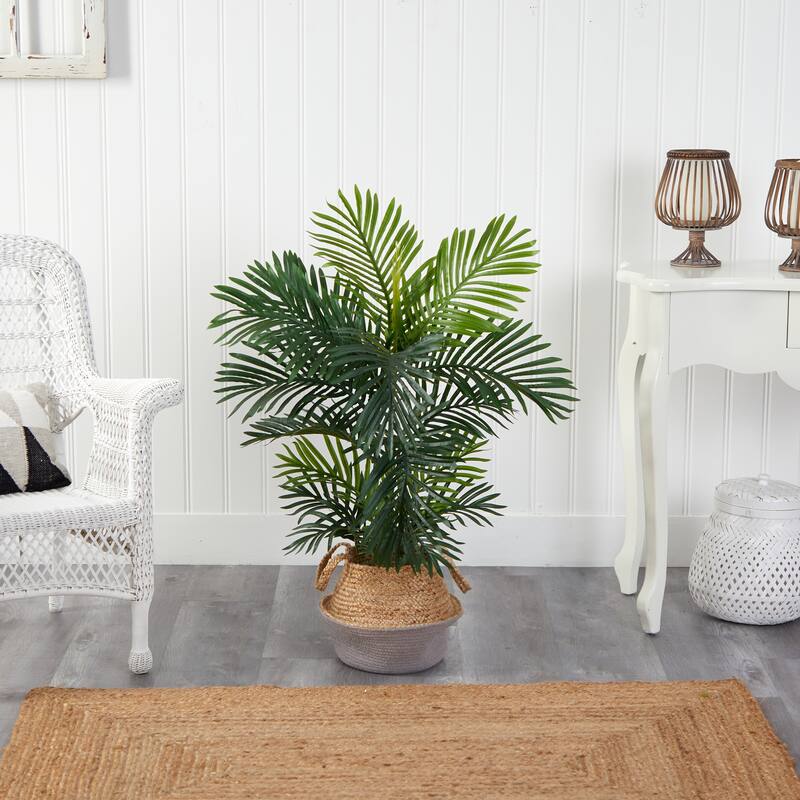 40" Areca Artificial Palm Tree in Boho Chic Handmade Cotton & Jute Gray Woven Planter UV Resistant (Indoor/Outdoor)