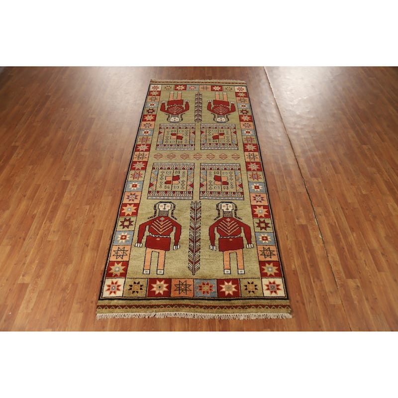 Hand Knotted Oriental 100% Wool Carpet Traditional Tribal Green Heriz (serapi) Runner Rug - 9' 11'' X 4' 1''