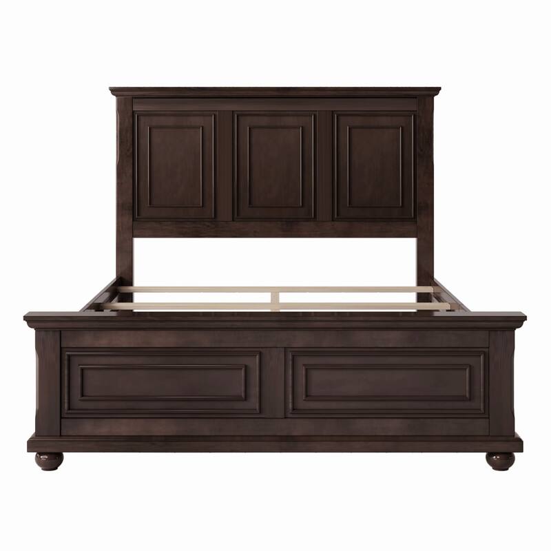 Panel Bed with Elevated Headboard, Fretwork Accents, Pinewood