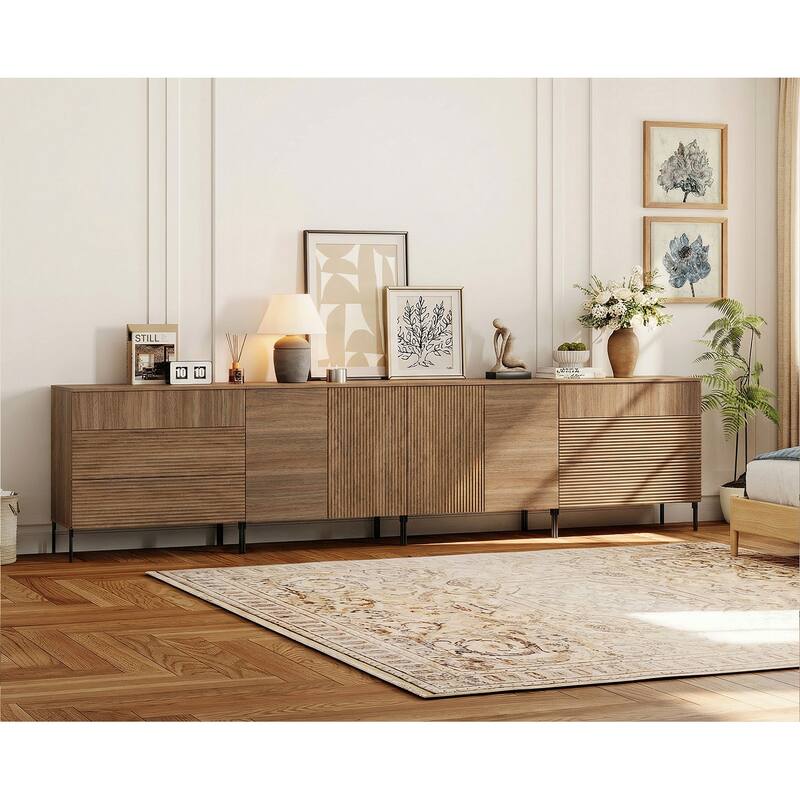 126" Modern Reeded 6-Drawer Dresser For Bedroom, Minimalist Chest Of Drawers With Storage, Wooden Dresser