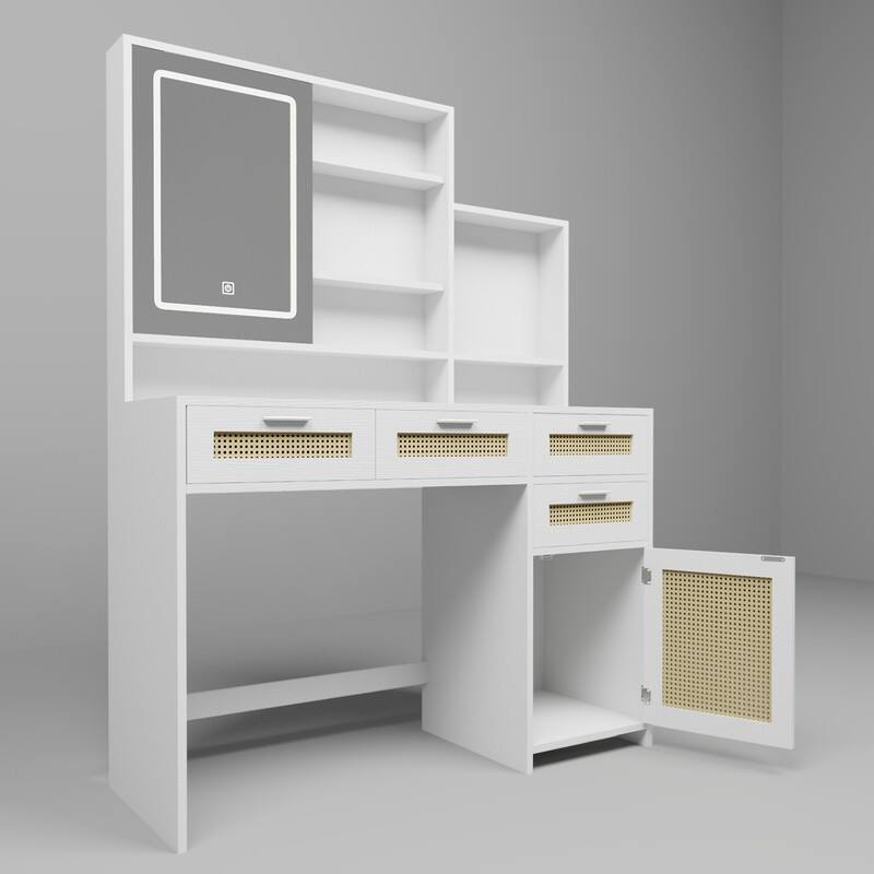 Make Up Vanity with LED Lights and Openable Mirror, Rattan Vanity Desk with 4 Drawers, 1 Cabinet and Storage Shelves for Bedroom