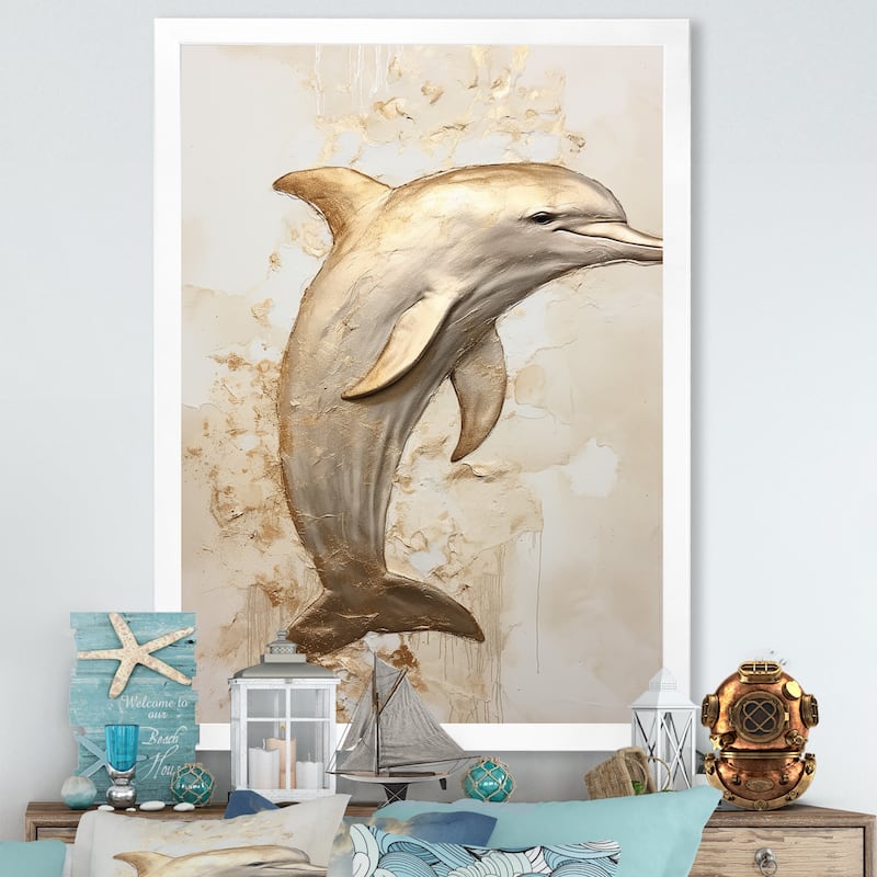 Designart "Beige And Gold Dolphin Happiness II" Animals Dolphin Framed Canvas Wall Art - 12 in. wide x 20 in. high - White