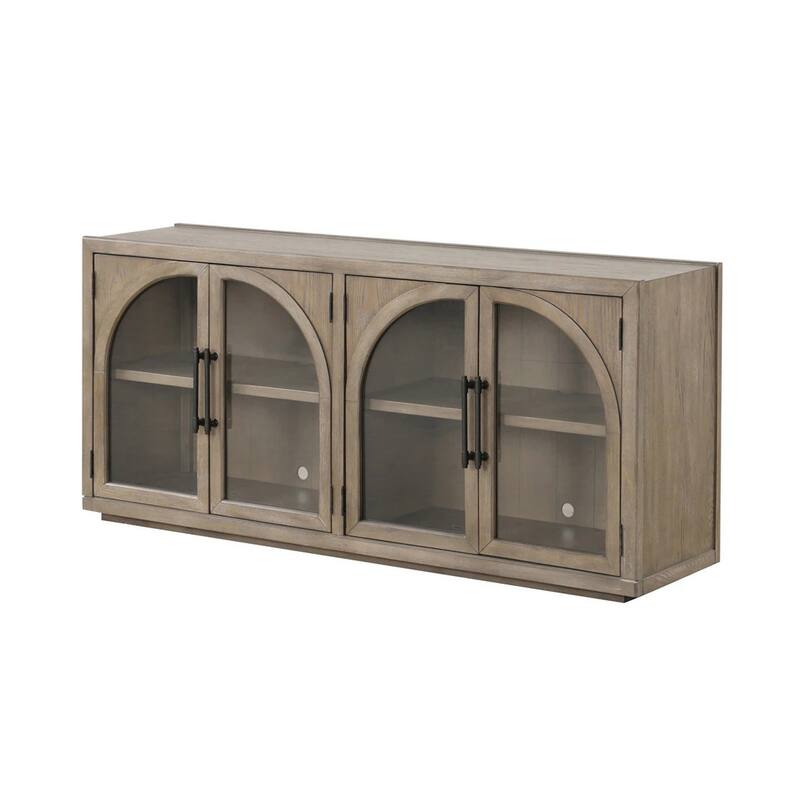 4 Doors Wooden and Glass Server with Adjustable Shelves in Oak - Oak