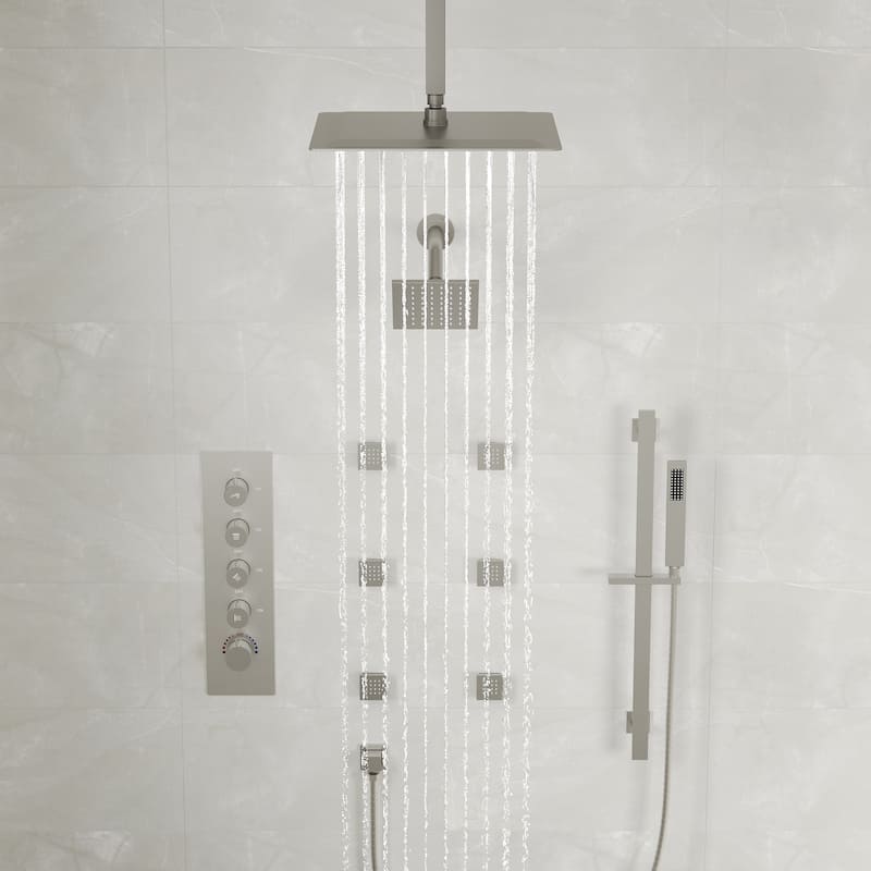 Thermostatic Rainfall Shower System with Handheld Spray, 16" & 6" Dual Shower Head and 6 Body Jets