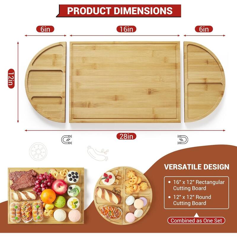 3 Pcs Magnetic Cheese Board Set, Bamboo Cutting Board Set With Deep Juice Grooves