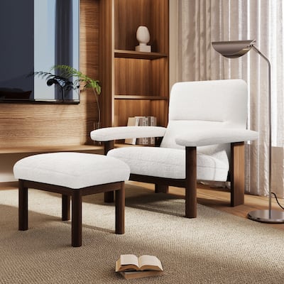 Roomfitters Mid-Century Accent Chair with Ottoman, Fabric Upholstered Armchair and Footrest Set with Wood Frame, White
