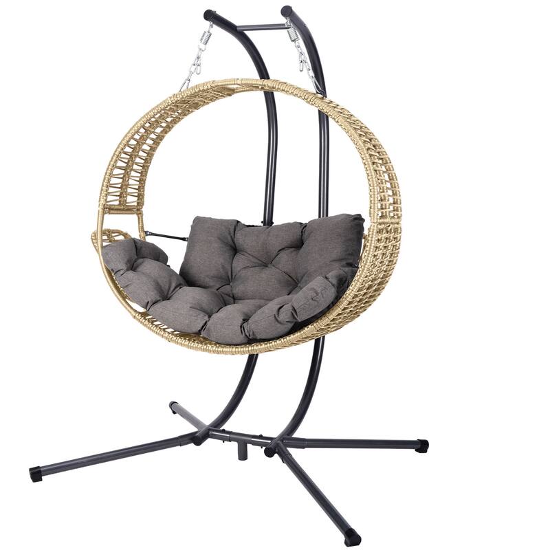 Double Hanging Egg Chair with Stand, Oversized 2 Person Wicker Rattan Swing Chair w/Convertible Armrest, Heavy Duty Frame - Gray+Yellow