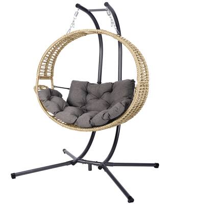 Double Hanging Egg Chair with Stand, Oversized 2 Person Wicker Rattan Swing Chair w/Convertible Armrest, Heavy Duty Frame