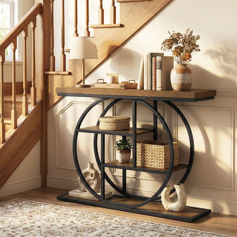 Gymax 4-Tier Console Table w/Storage Shelves Circle Base Accent Behind