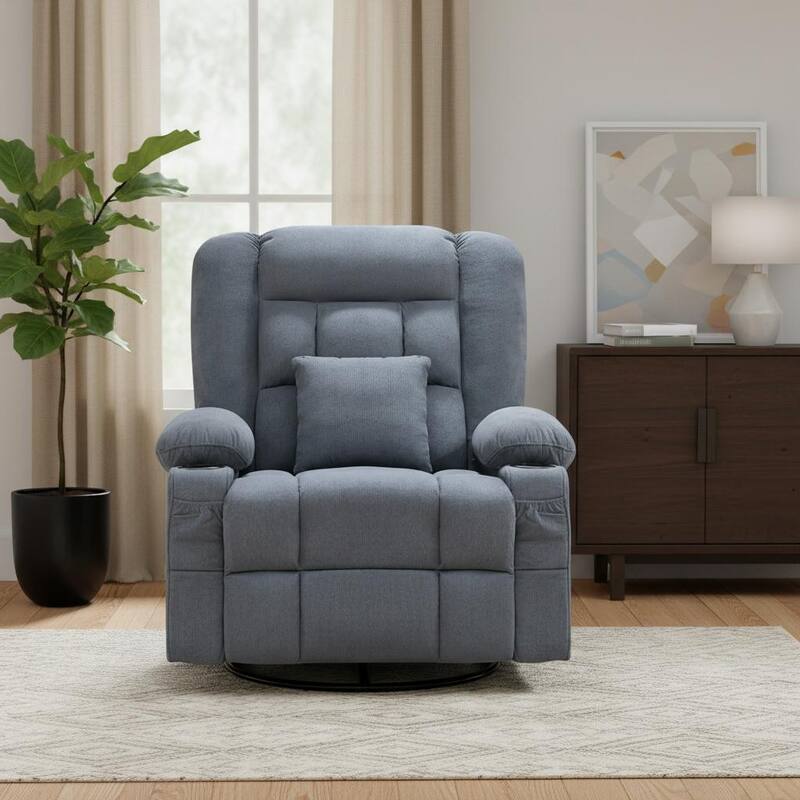 HomeRoots 38" Blue Tufted Cotton Blend Heated Massage Manual Swivel Recliner With USB - Blue