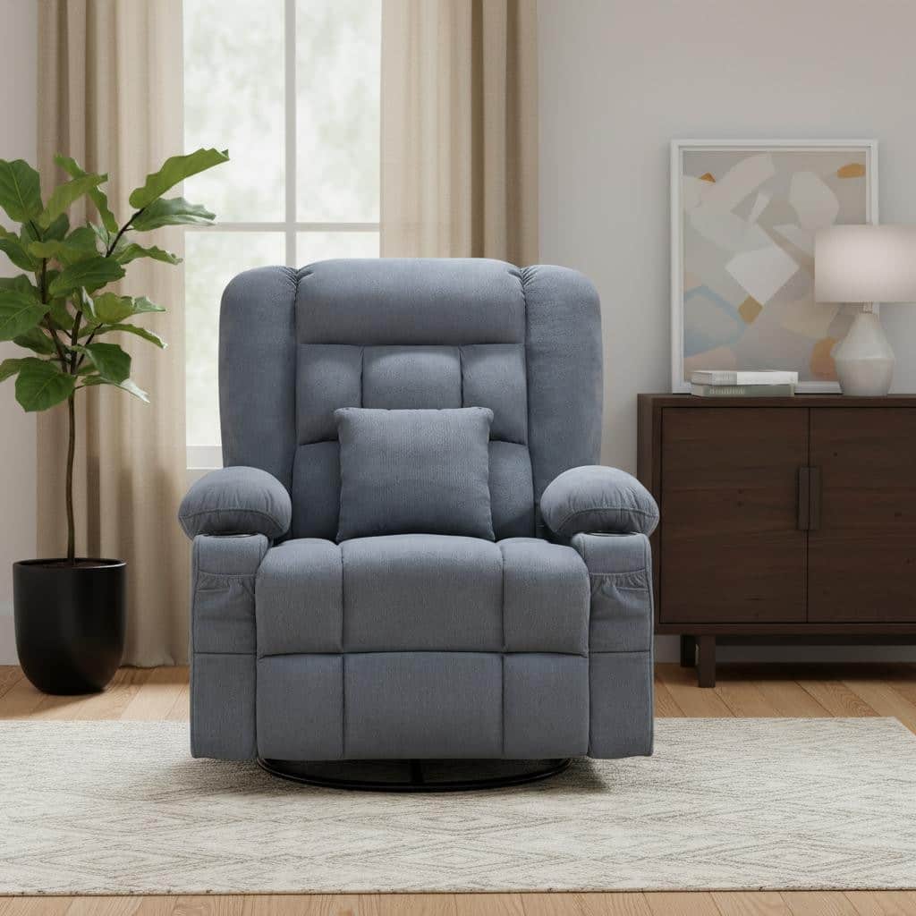 HomeRoots 38" Blue Tufted Cotton Blend Heated Massage Manual Swivel Recliner With USB
