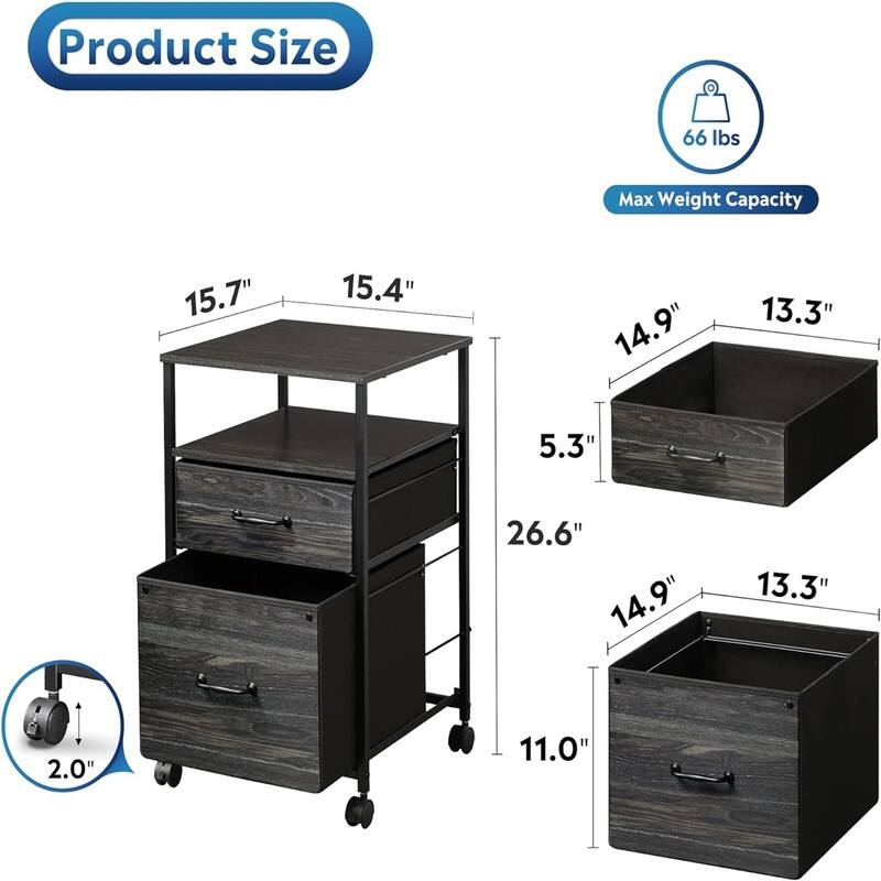 2 Drawer Mobile File Cabinet - 15.7"D x 15.4"W x 26.8"H