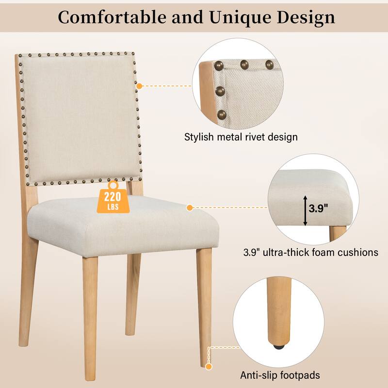 5-Piece Round Farmhouse Dining Table Set, 46.9" Wood Table with 4 Upholstered Chairs, Modern Rustic Kitchen Furniture