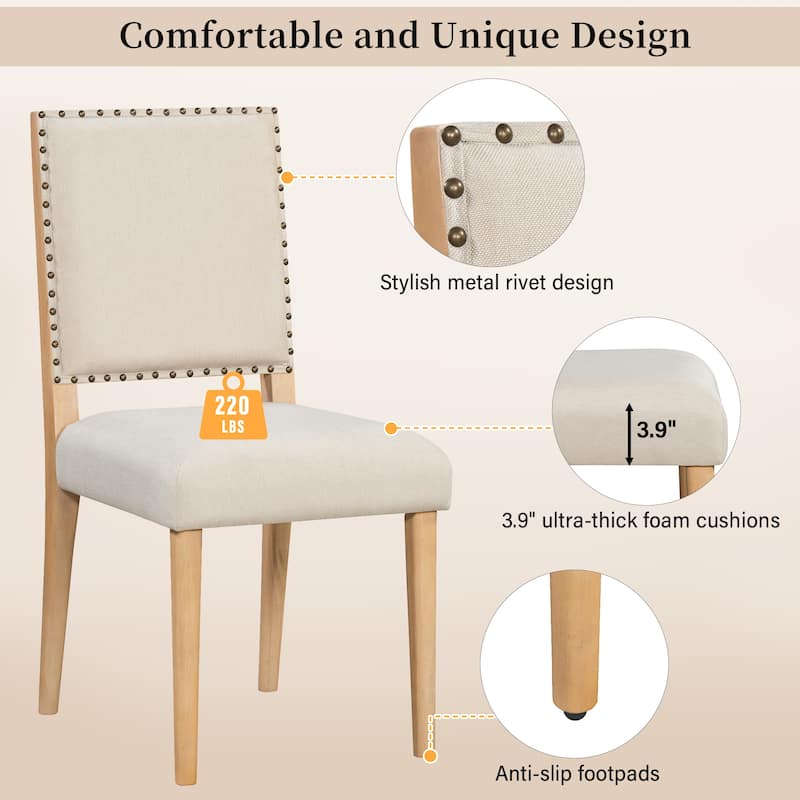 Roomfitters Farmhouse Round Dining Table Set, 4 Solid Wood Upholstered Chairs, 5-Piece Kitchen Furniture