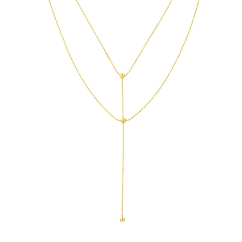 Curata 14k Yellow Gold Double Strand Connecting Bead Adjustable Choker Necklace (Lobster), 17"
