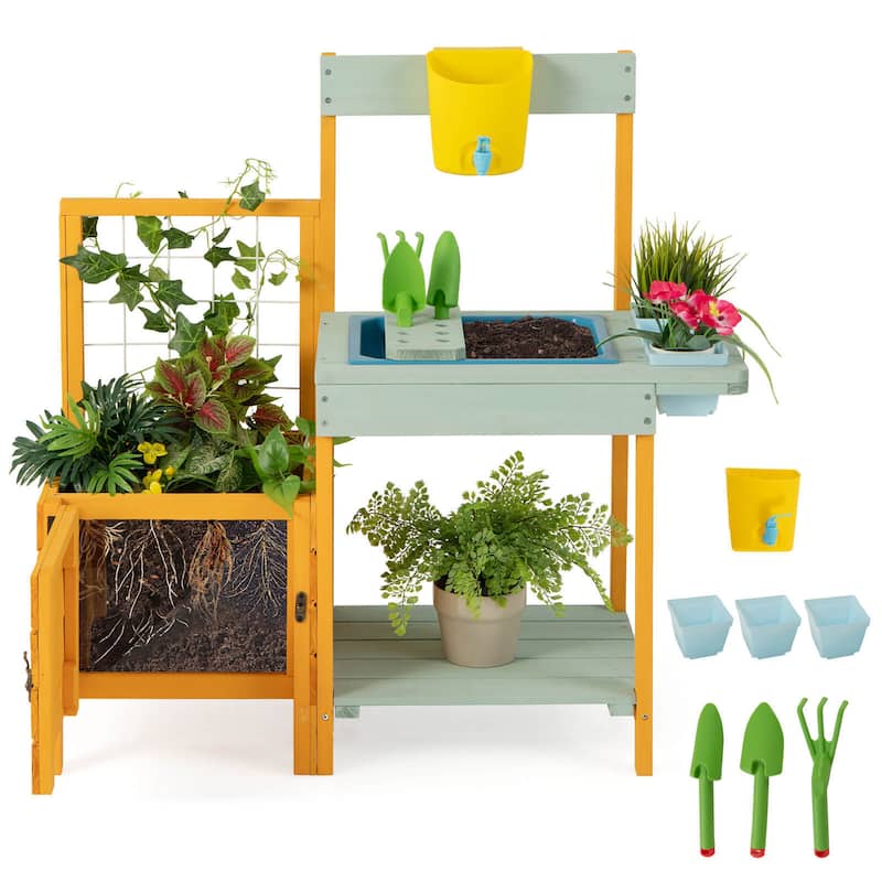 Gymax Wooden Potting Bench for Kids w/ See-Through Window Planter Box