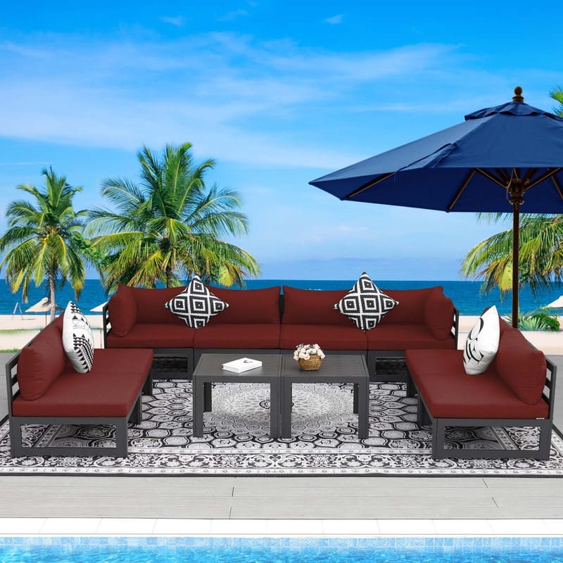 FINCATI Aluminum Outdoor Patio Furniture Conversation Sectional Sofa Set - 10 Pieces/Sectional - Burgundy