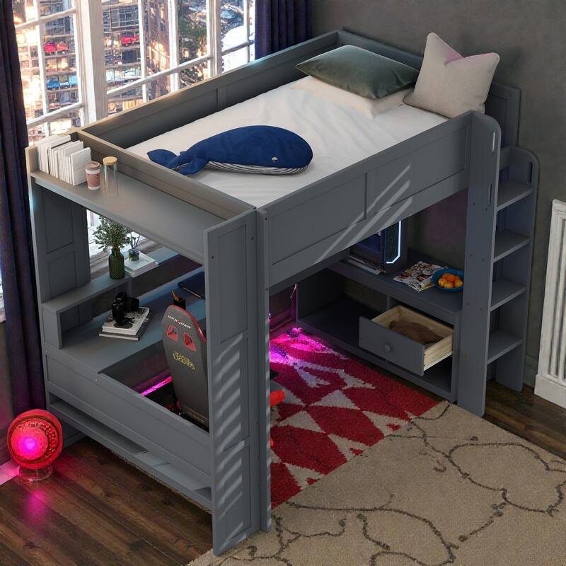 Full Size Gaming Loft Bed with Desk, Storage Shelves, LED Lights and Charging Station, Wooden Loft Bed Frame