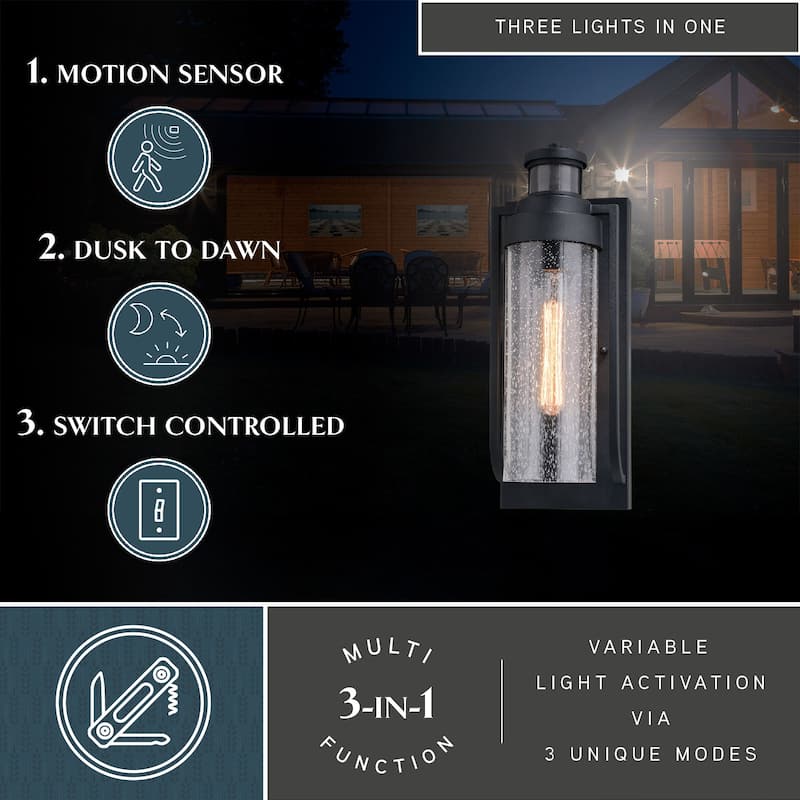 Lawton Steel LED Compatible Black Motion Sensor Dusk to Dawn Outdoor Wall Light Transitional Clear Glass