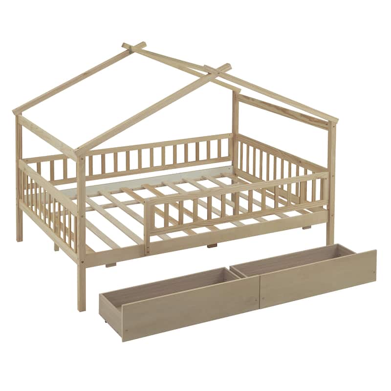 Wooden House Bed with Two Drawers
