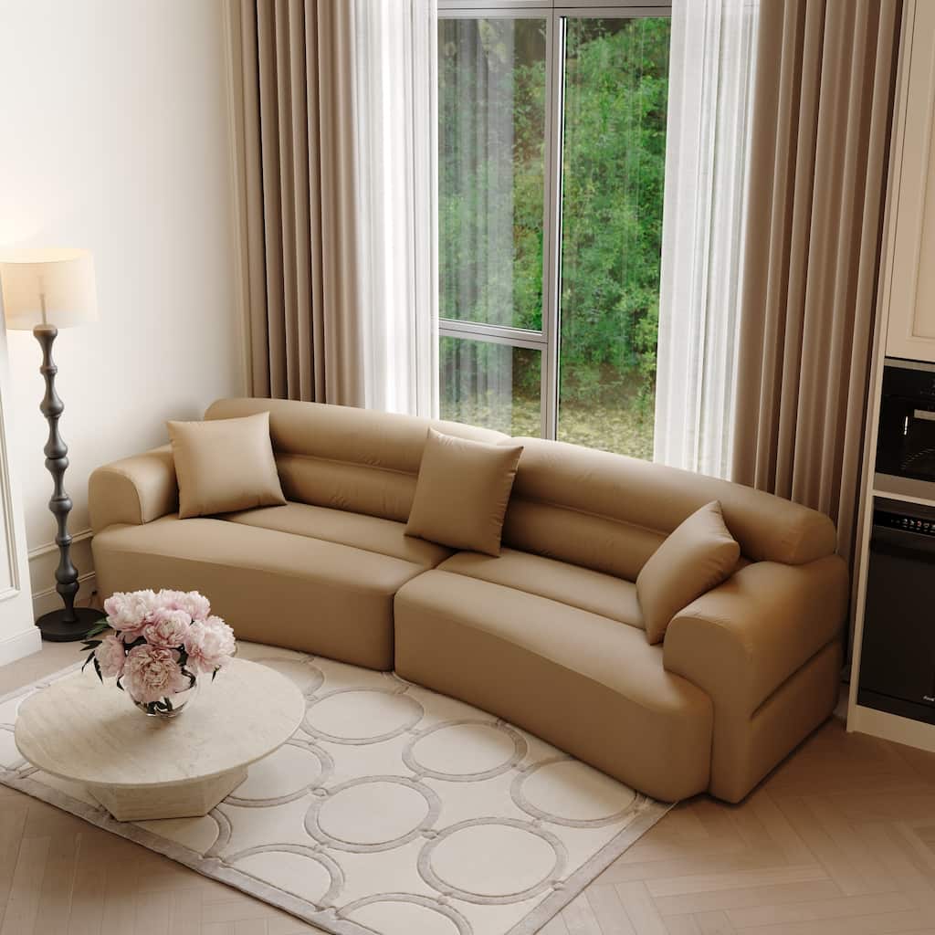 Modern Curved Fabric Sofa Couch for Living Room, 110" Wide 3-Seater Sectional in Brown Upholstery with Plush Cushions