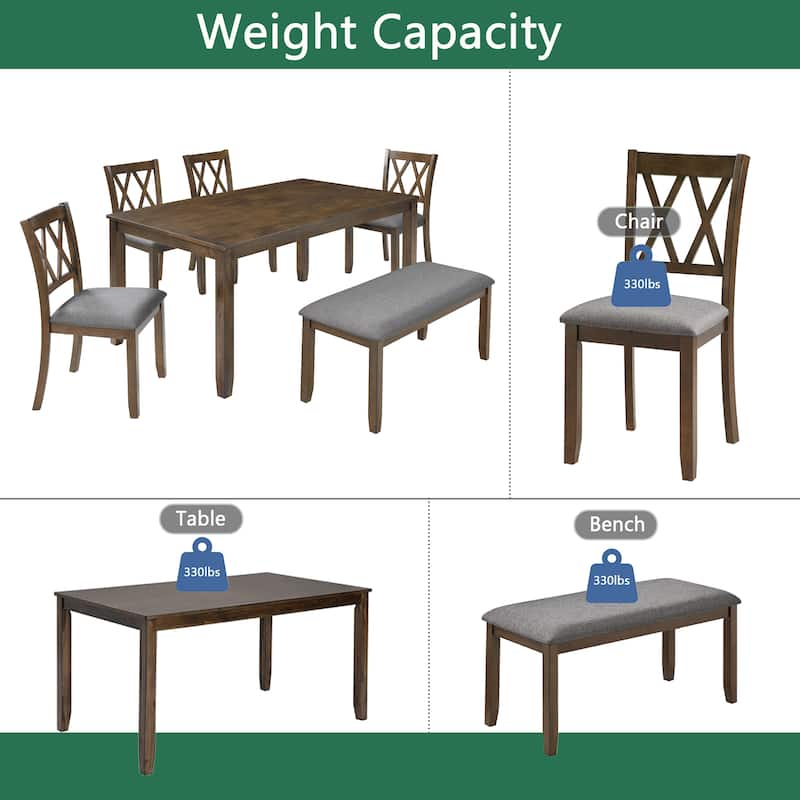 Farmhouse 6 Piece Wooden Kitchen Table Set with 4 X Backrest Upholstered Chairs & Bench, Table and Chairs w/Non-Slip Feetmats