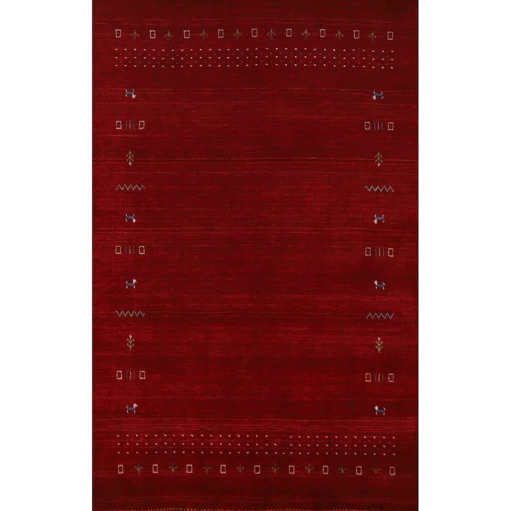 Hand Knotted Oriental 100% Wool Carpet Tribal Animal Pictorial Red Gabbeh Area Rug - 7' 6'' X 5' 0''