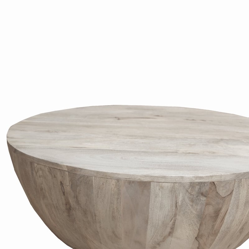 36 Inch Round Mango Wood Coffee Table, Subtle Grains, Distressed White - 35.5" x 35.5" x 12"