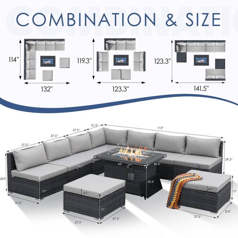 FINCATI 10-piece High Back Oversized Patio Furniture Conversation Set Outdoor Sectional Sofa with Fire Pit Table