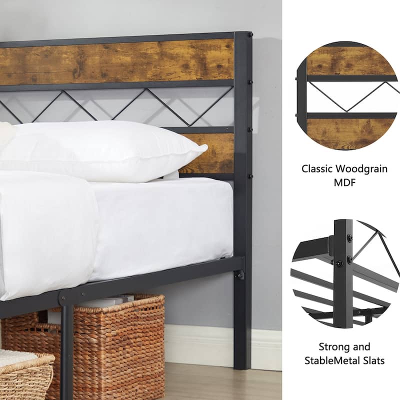 VECELO Vintage Metal Platform Bed Frame with Wood Headboard, Storage Bed, Noise-Free, No Box Spring Needed, Twin/Full/Queen Size