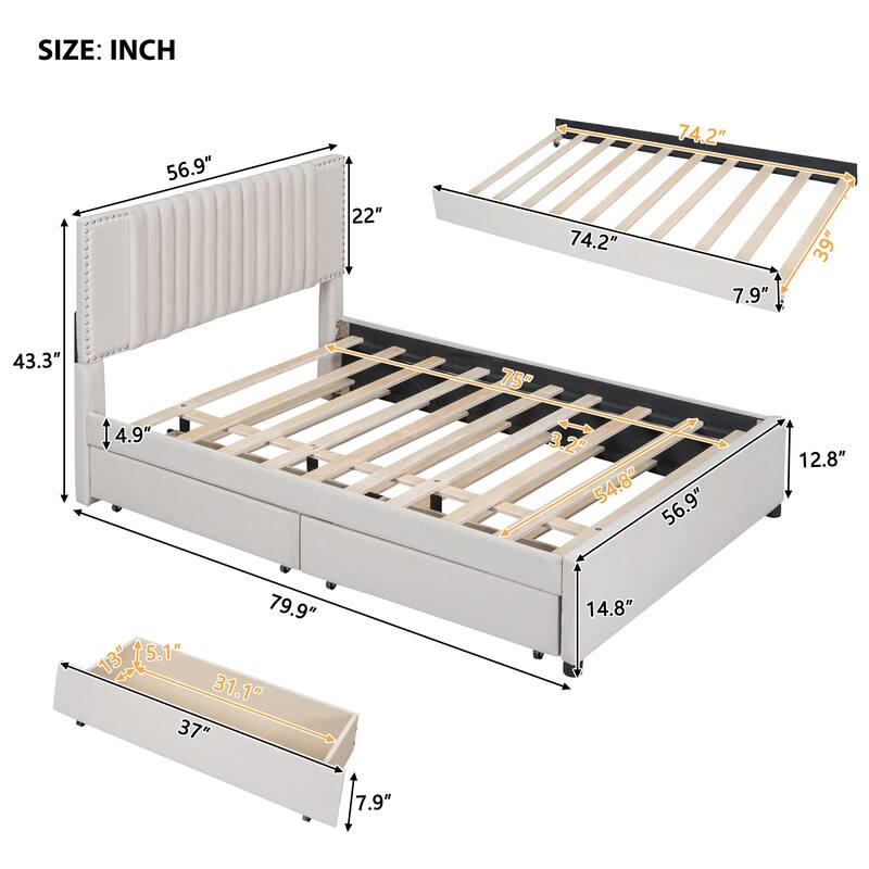 Linen Platform Bed with Drawers & Trundle
