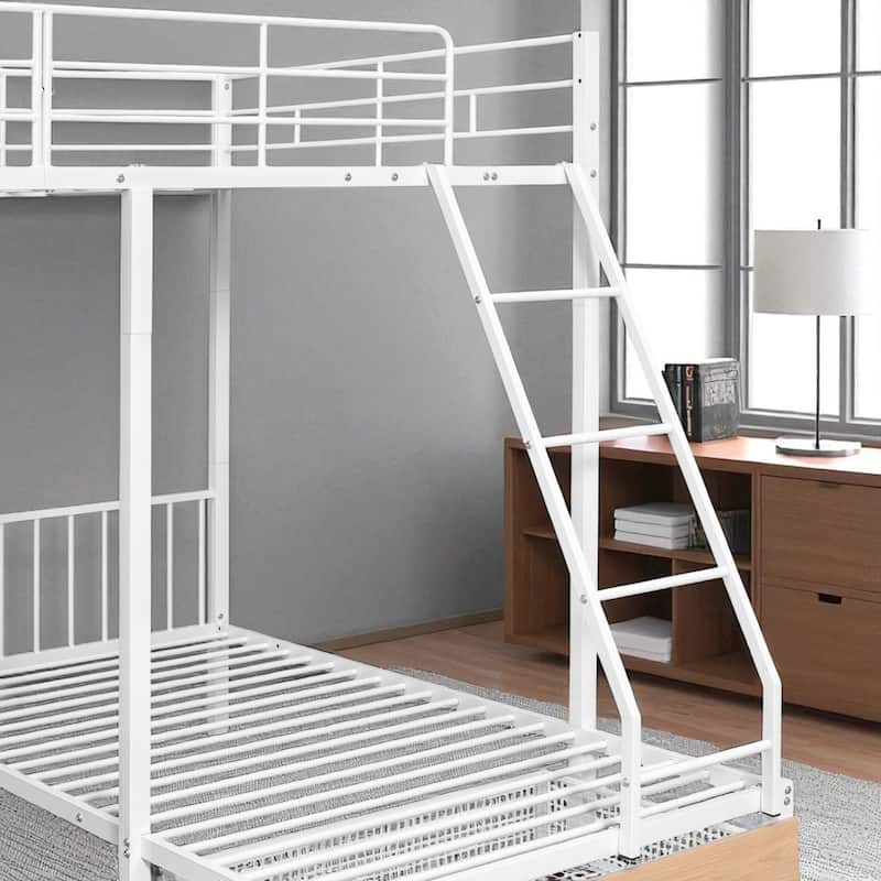 Full Over Twin & Twin Metal Triple Bunk Bed with Guardrails, Storage Drawers and Shelf, Convertible to 3 Beds