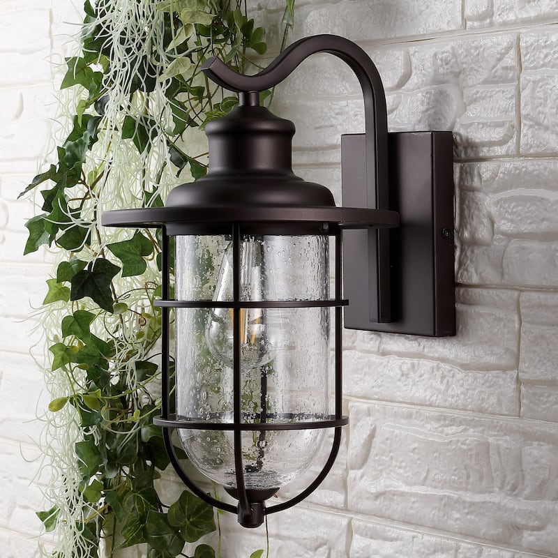 Marais 10.5" 1-Light Iron/Seeded Glass Rustic Industrial Cage LED Outdoor Lantern, Oil Rubbed Bronze by JONATHAN Y