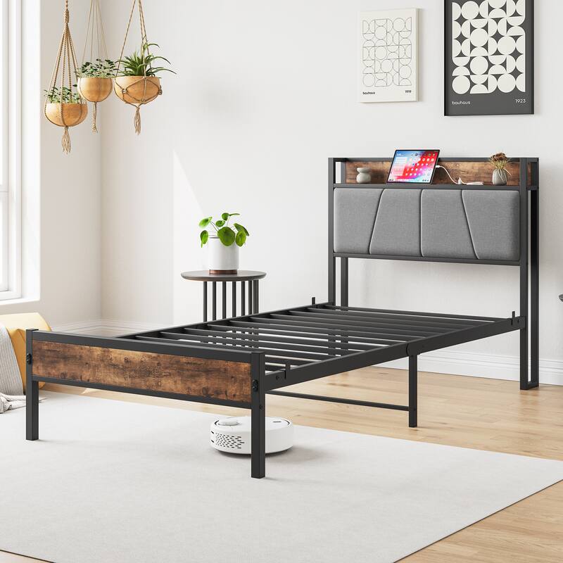 Anmytek Full Size Bed Frame with Headboard and Charging Station Industrial Rustic