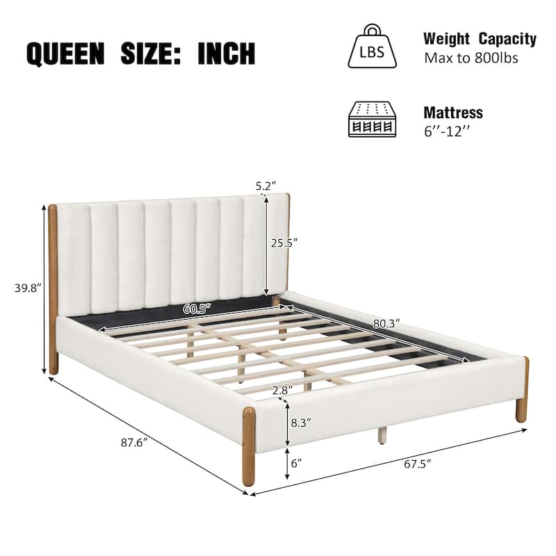 Versatile Upholstered Platform Bed with Solid Wood Legs, Queen/King Size Boucle Fabric Bed Frame with Vertical Stripes Headboard