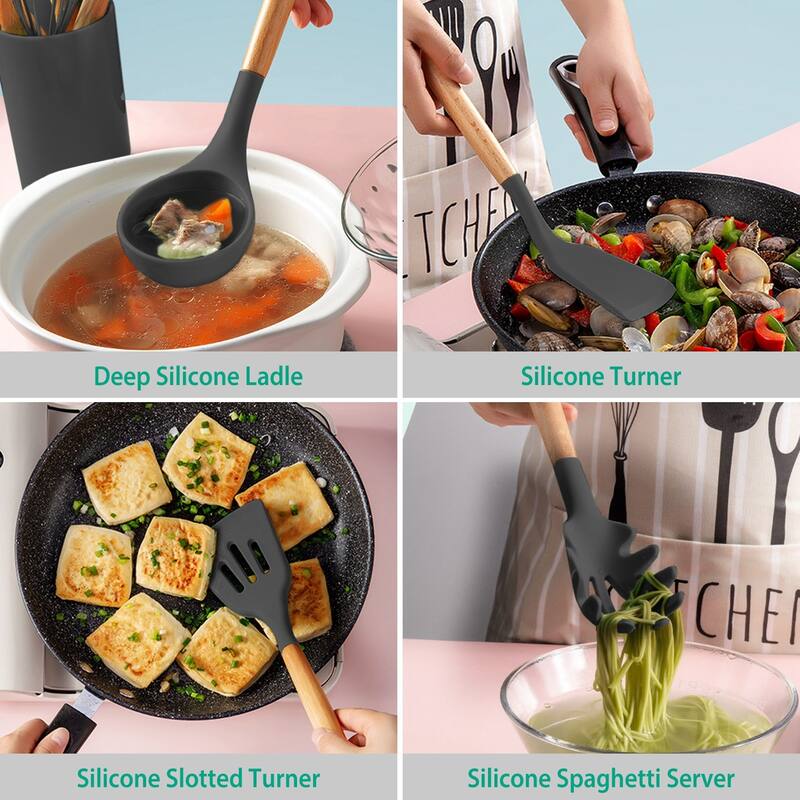 11-Piece Silicone Kitchen Utensil Set Heat-Resistant with Wooden Handles Spatulas Ladle - 4.72 × 4.72 × 6.18 in